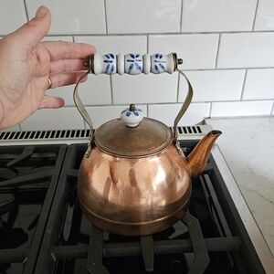 Vintage Copper Tea Kettle with Blue and White Handle